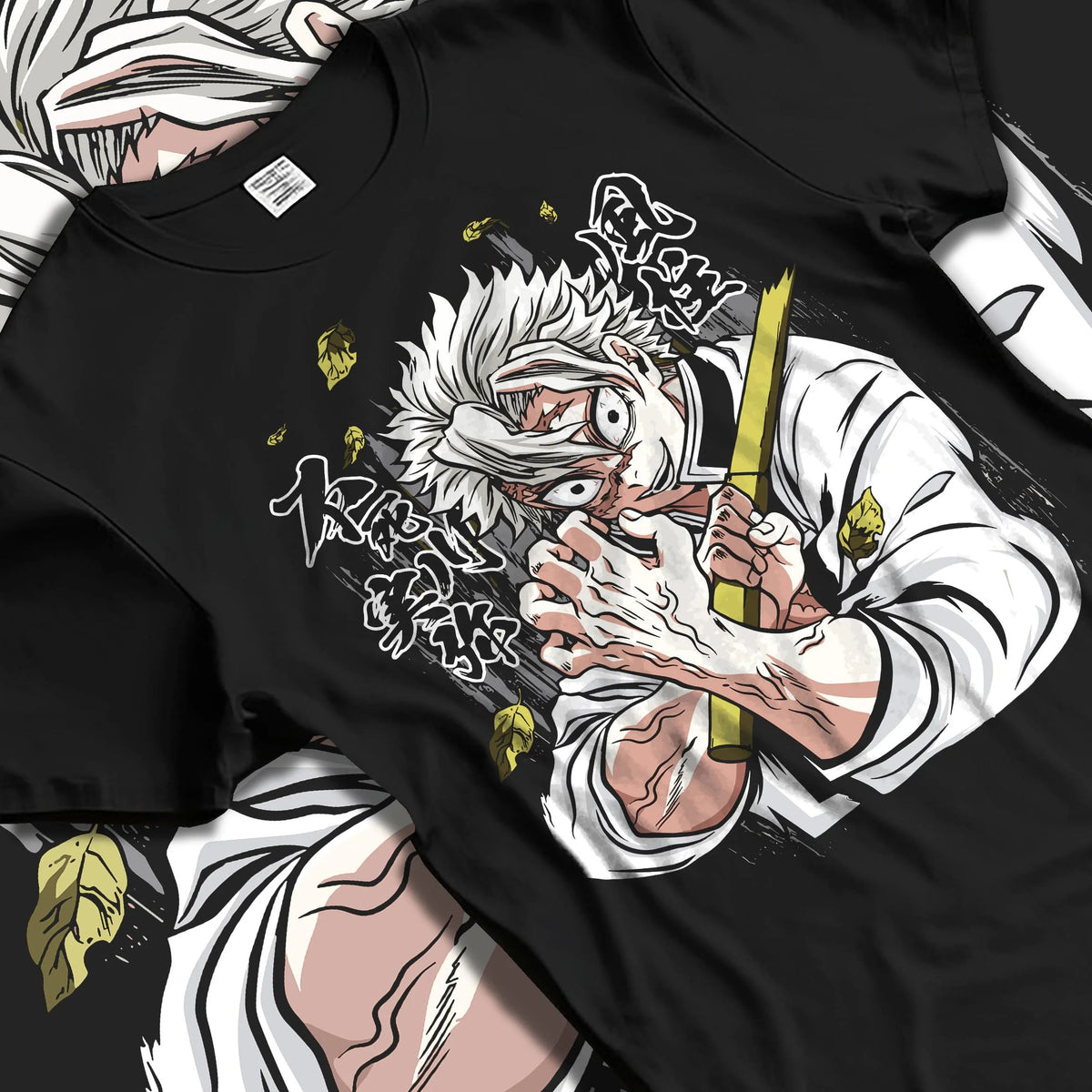 Black T-shirt laid flat with natural folds featuring Sanemi Shinazugawa Wind Hashira Demon Slayer artwork.