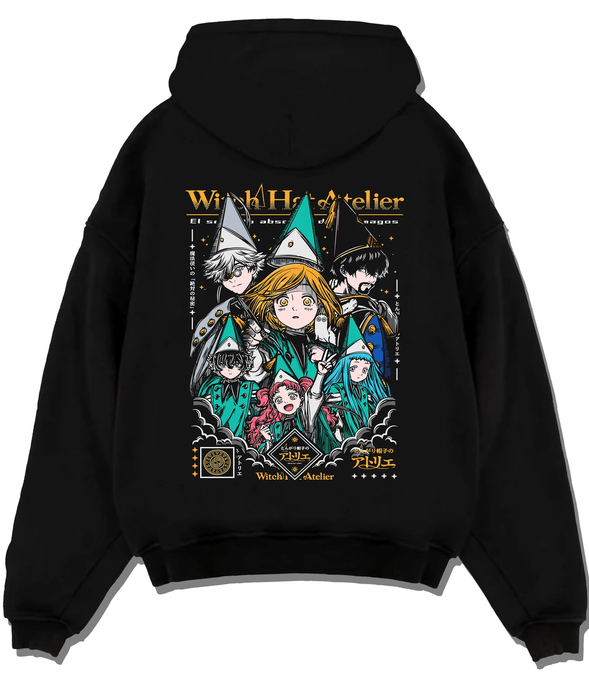 Black hoodie flat back view showing Witch Hat Atelier: magic student ensemble