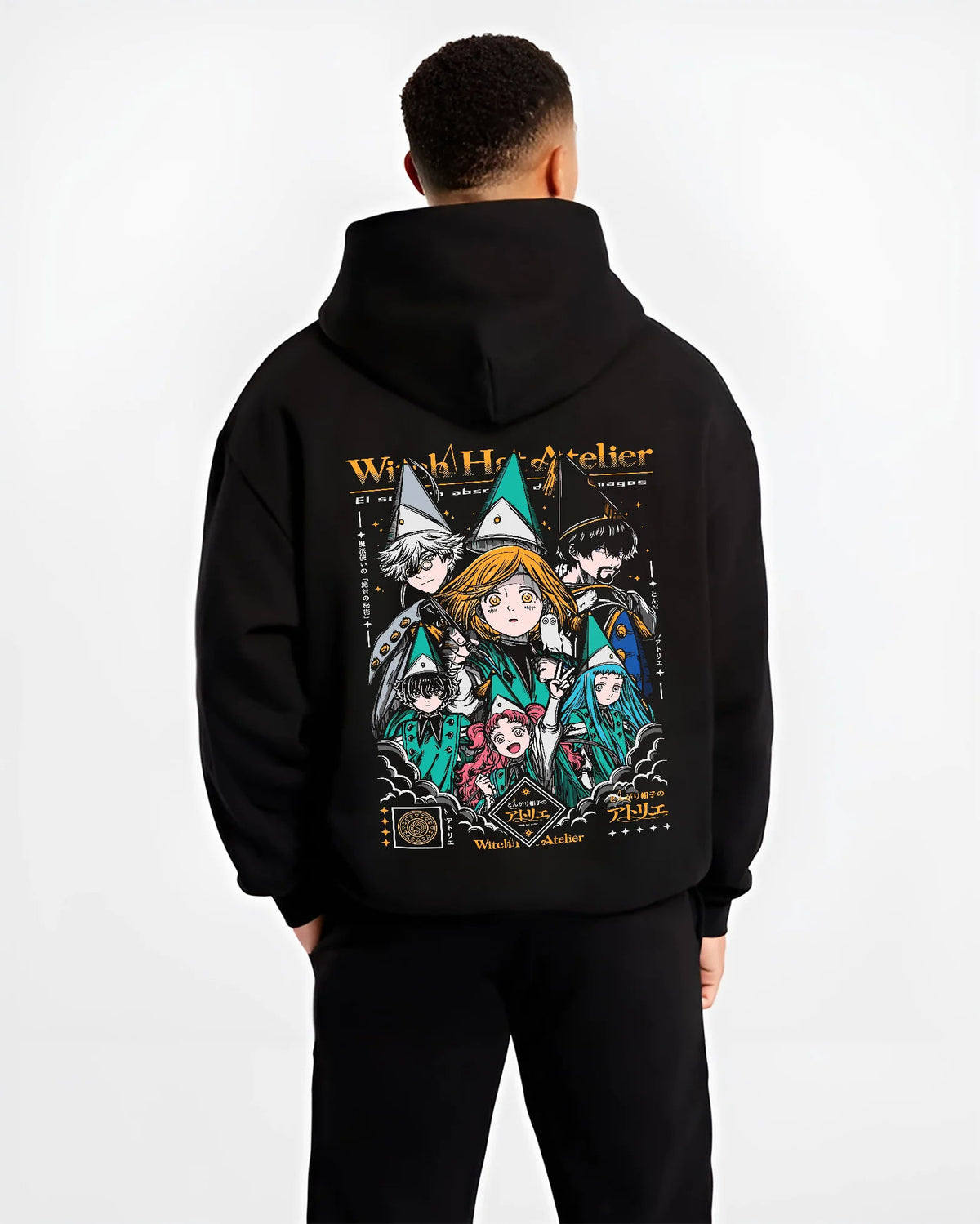 Black hoodie model back view showing Witch Hat Atelier: magic student ensemble