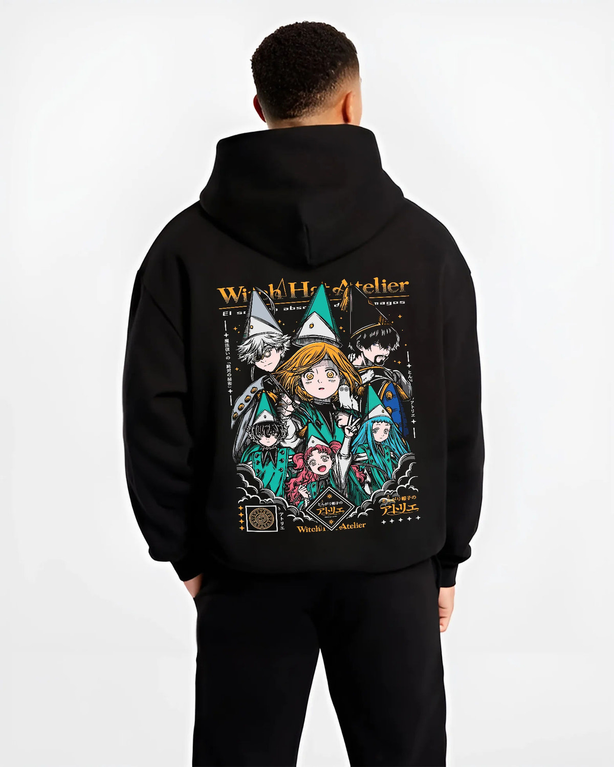 Black hoodie model back view showing Witch Hat Atelier: magic student ensemble