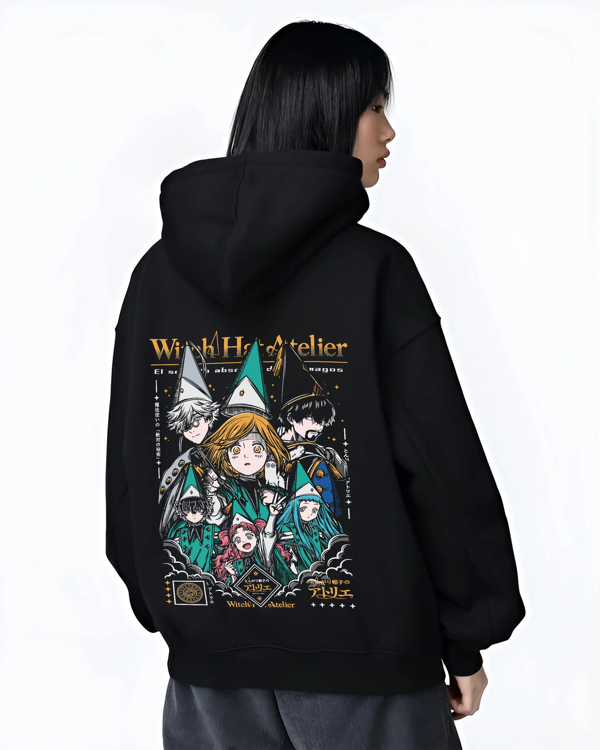 Black hoodie female model back view showing Witch Hat Atelier: magic student ensemble