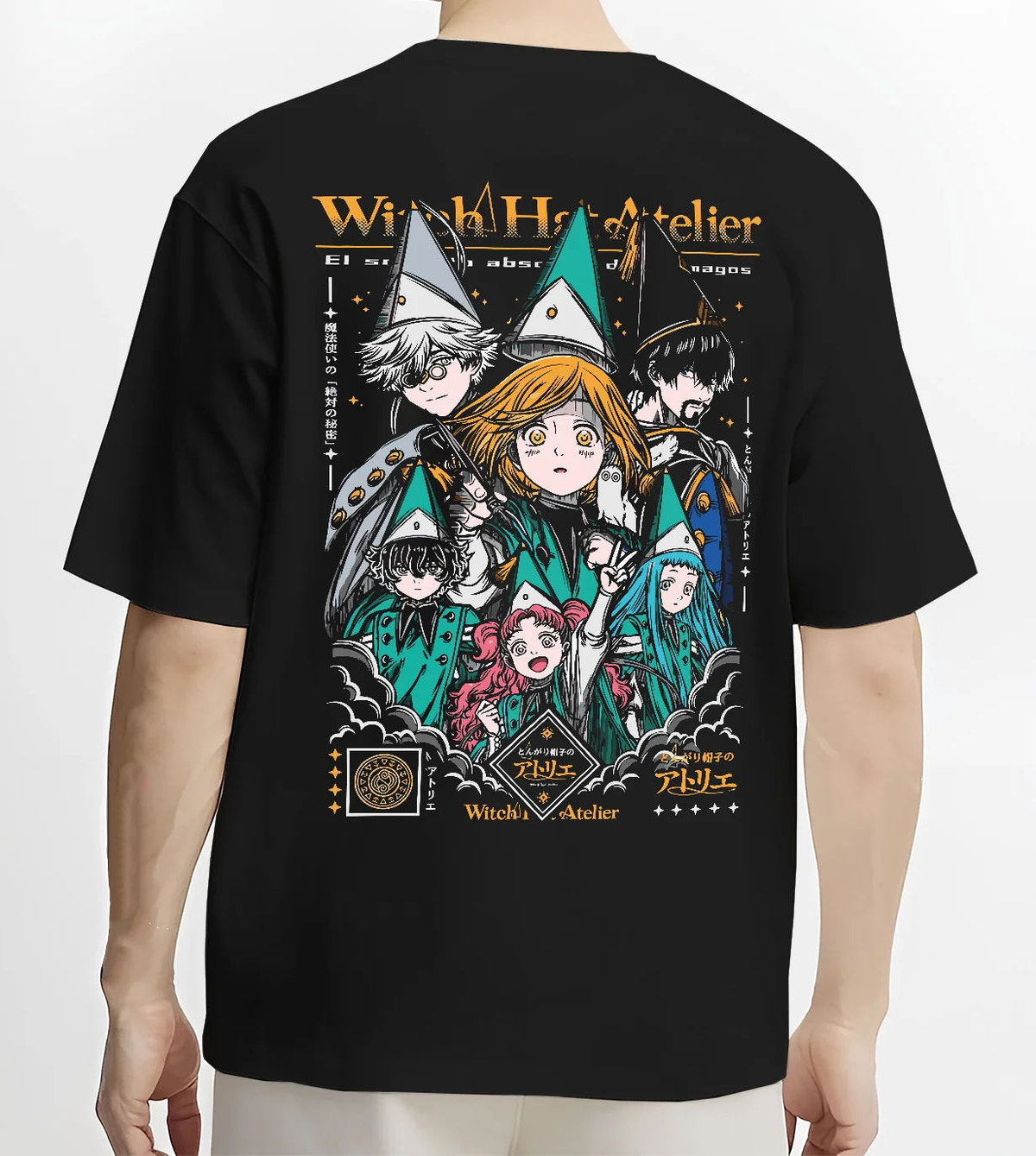 Black T-shirt model back view showing Witch Hat Atelier: magic student ensemble