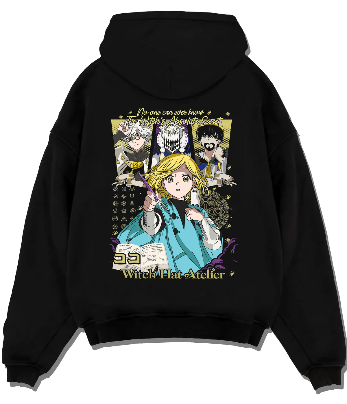 Black hoodie flat back view showing Witch Hat Atelier: Coco and supporting characters