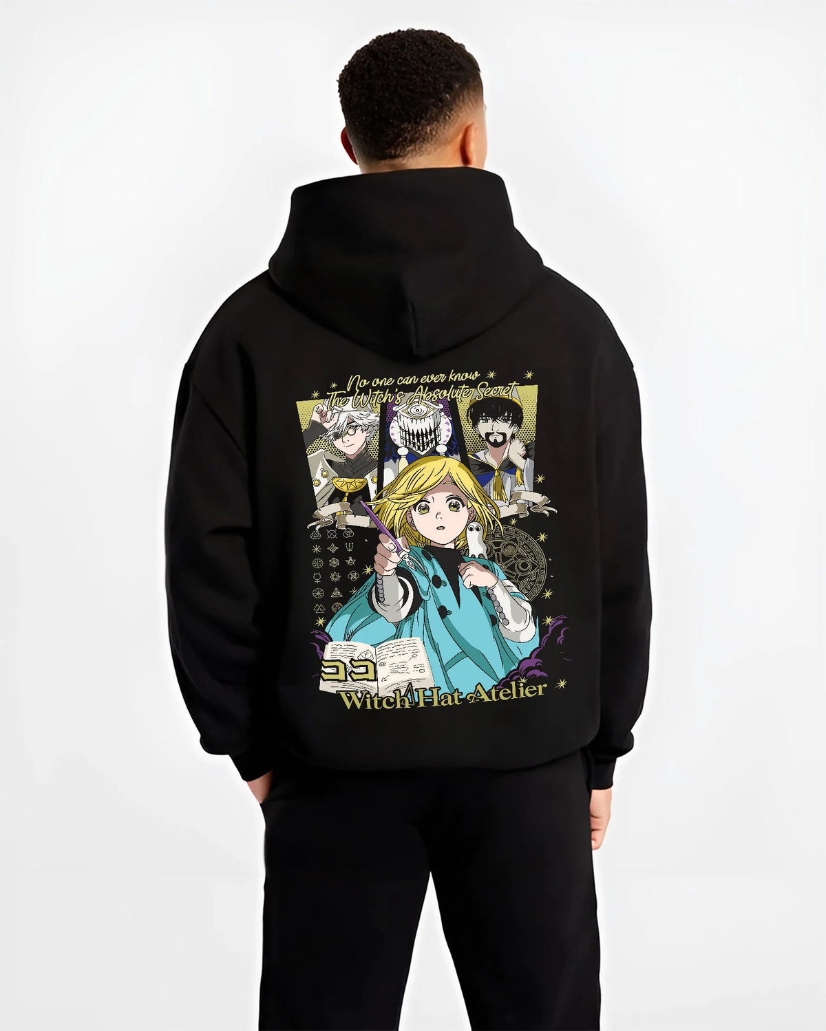Black hoodie model back view showing Witch Hat Atelier: Coco and supporting characters