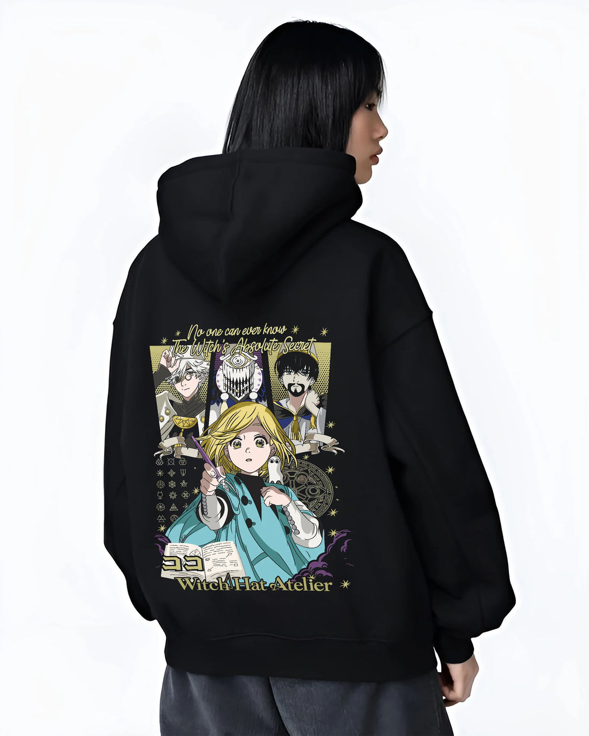 Black hoodie female model back view showing Witch Hat Atelier: Coco and supporting characters