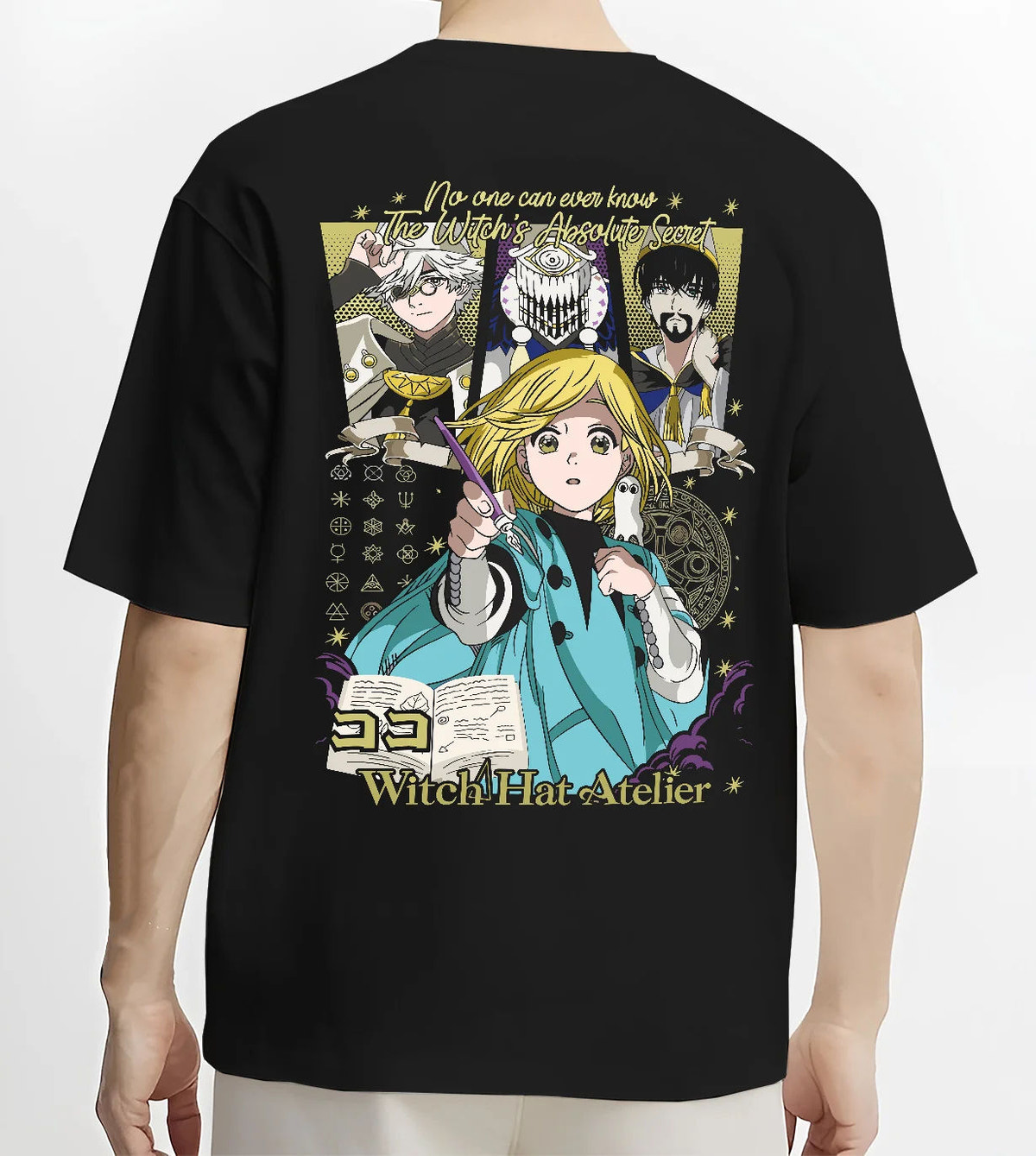 Black T-shirt model back view showing Witch Hat Atelier: Coco and supporting characters