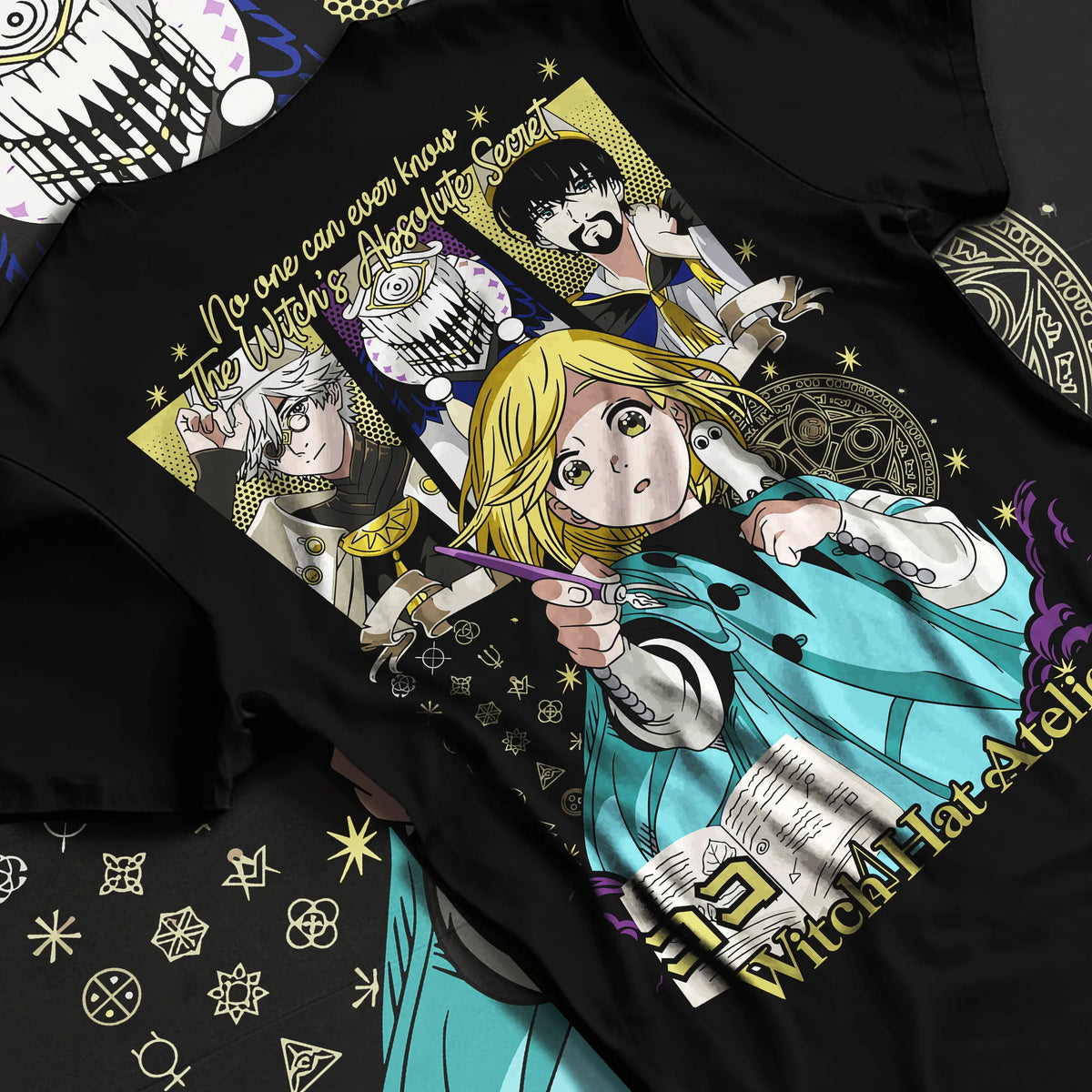 Black T-shirt flat back view showing Witch Hat Atelier: Coco and supporting characters