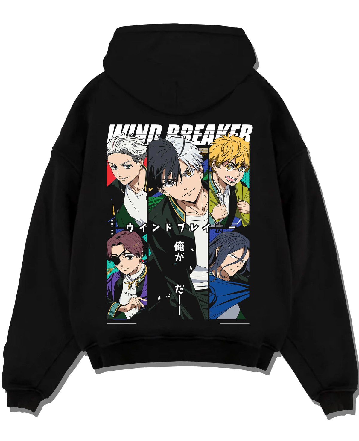 Black hoodie laid flat featuring Bofurin main cast Wind Breaker artwork.