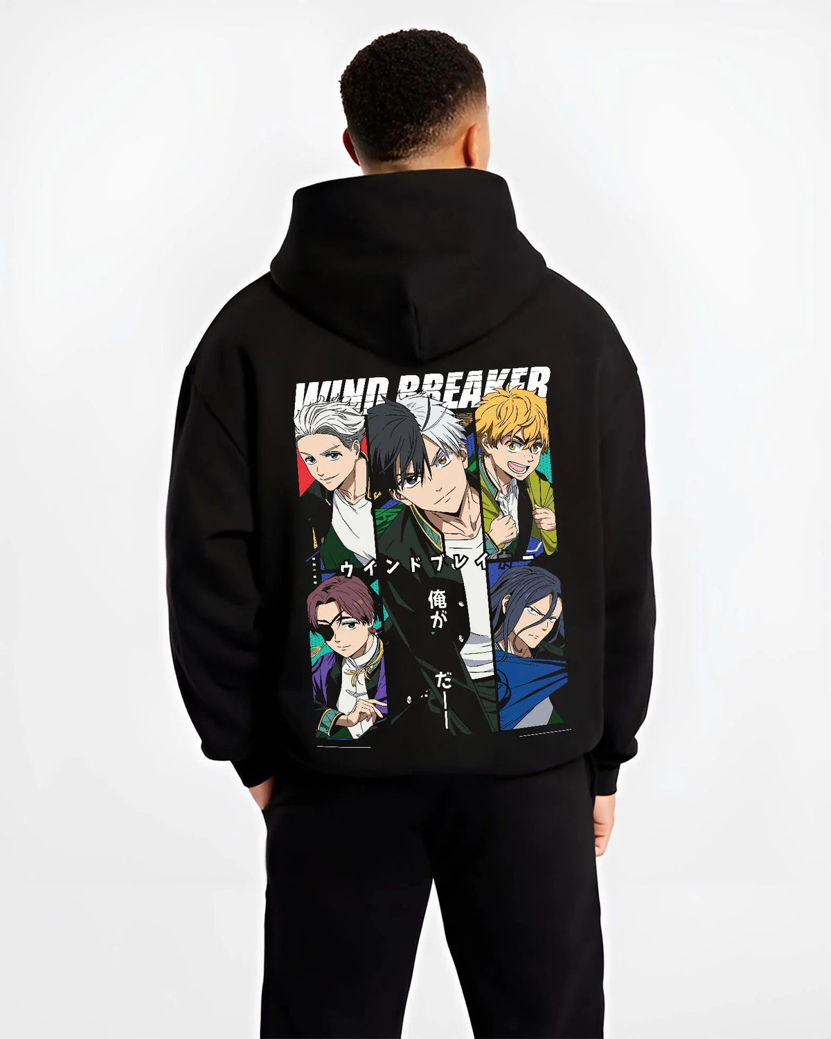 Black hoodie worn by male model from the back featuring Bofurin main cast Wind Breaker artwork.