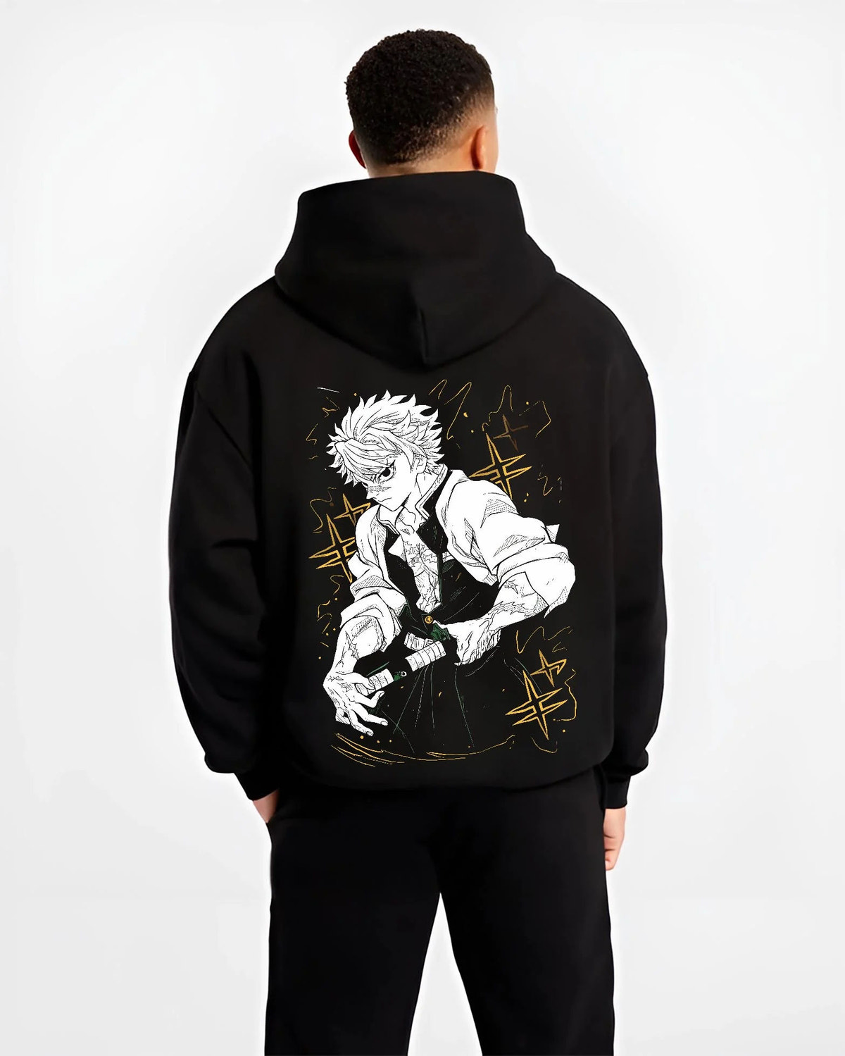 Black hoodie worn by male model from the back featuring Sanemi Shinazugawa Wind Pillar sword Demon Slayer artwork.