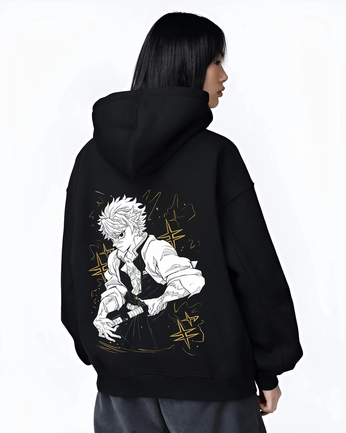 Black hoodie worn by female model from the back featuring Sanemi Shinazugawa Wind Pillar sword Demon Slayer artwork.