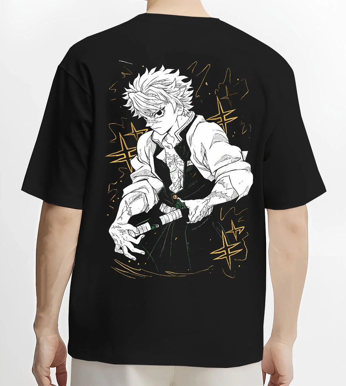 Black T-shirt worn by male model from the back featuring Sanemi Shinazugawa Wind Pillar sword Demon Slayer artwork.