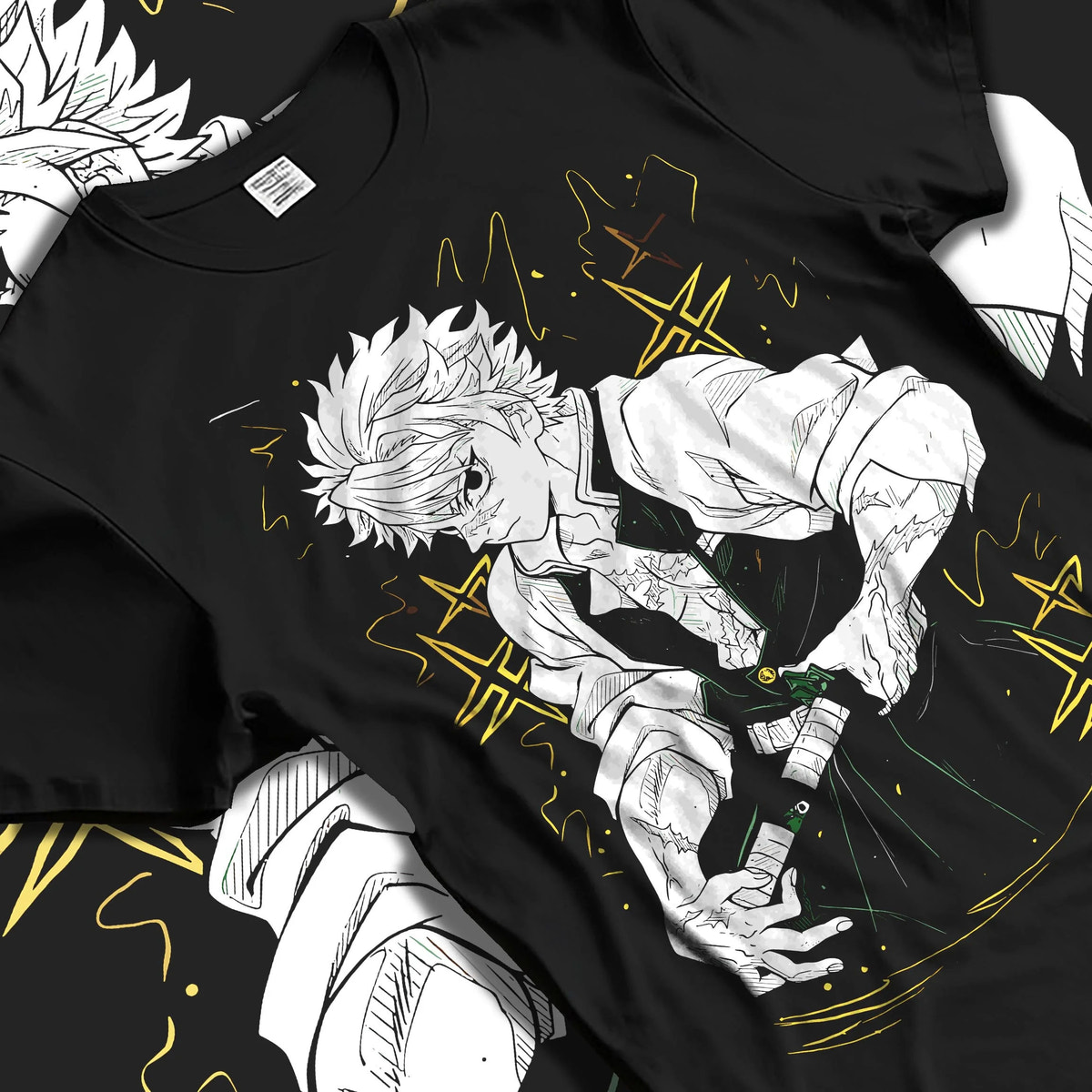 Black T-shirt laid flat with natural folds featuring Sanemi Shinazugawa Wind Pillar sword Demon Slayer artwork.