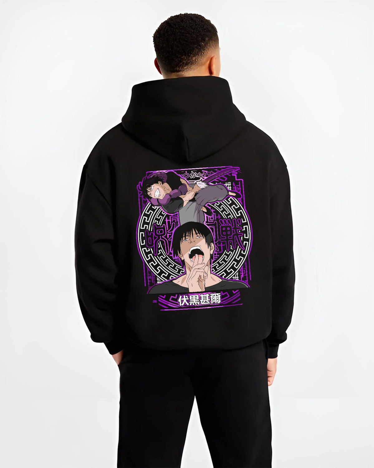 Black hoodie worn by male model from the back featuring Toji Fushiguro Inventory Curse Jujutsu Kaisen artwork.