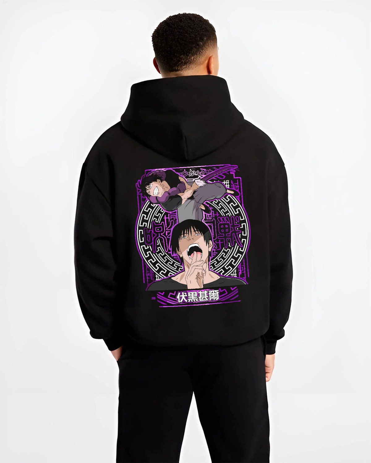 Black hoodie worn by male model from the back featuring Toji Fushiguro Inventory Curse Jujutsu Kaisen artwork.