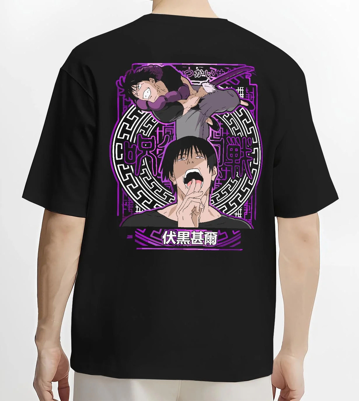 Black T-shirt worn by male model from the back featuring Toji Fushiguro Inventory Curse Jujutsu Kaisen artwork.