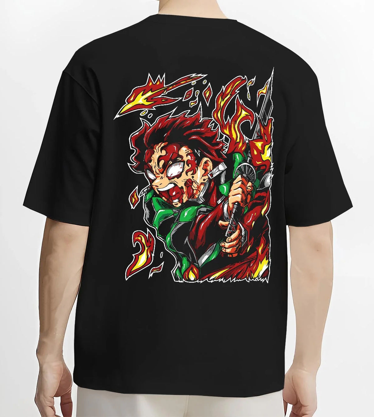 Black T-shirt worn by male model from the back featuring Tanjiro Kamado Hinokami fire dragon Demon Slayer artwork.