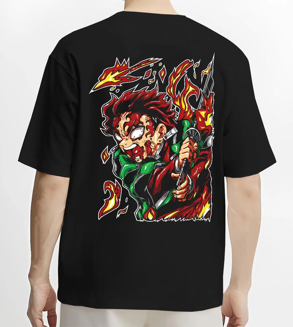 Black T-shirt worn by male model from the back featuring Tanjiro Kamado Hinokami fire dragon Demon Slayer artwork.