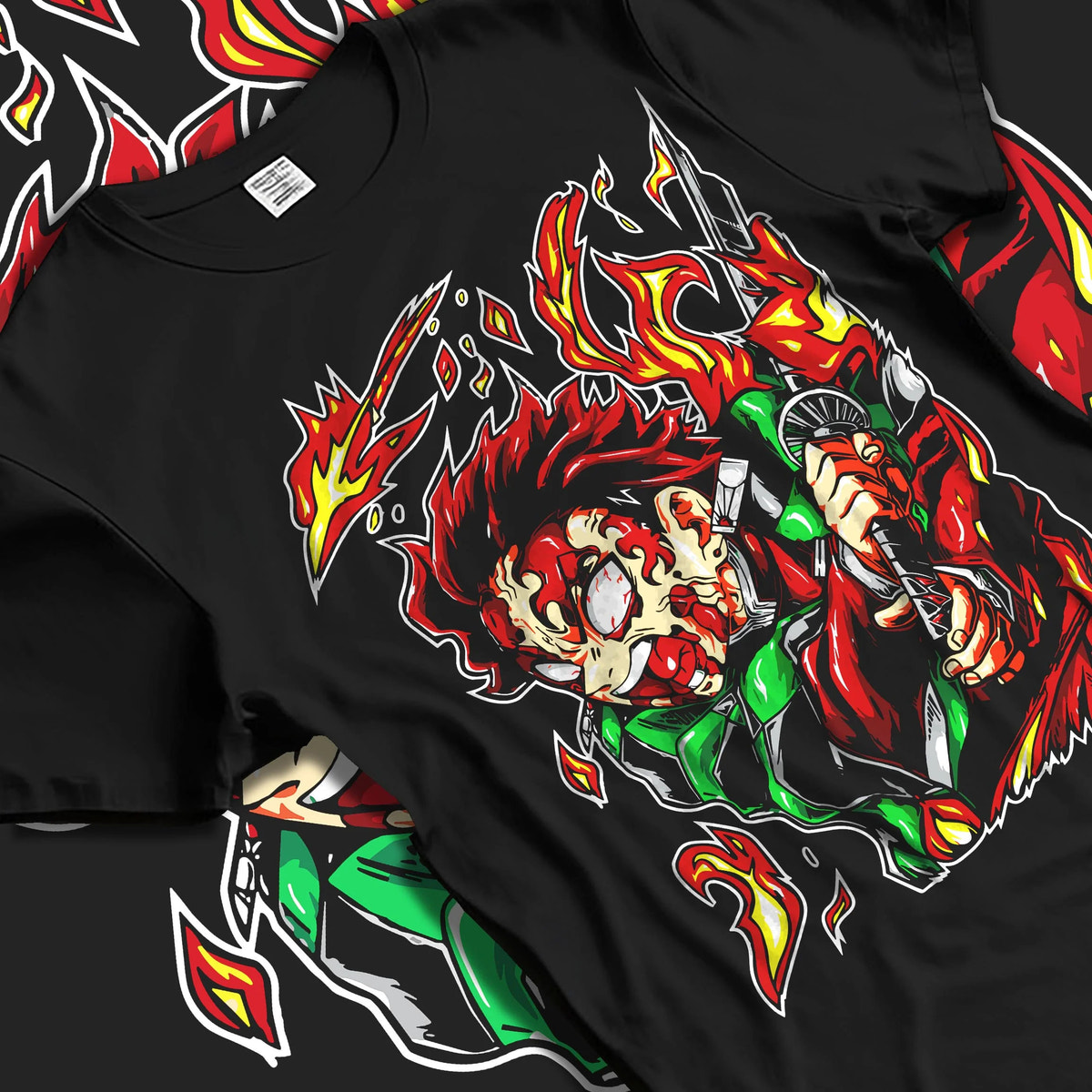 Black T-shirt laid flat with natural folds featuring Tanjiro Kamado Hinokami fire dragon Demon Slayer artwork.