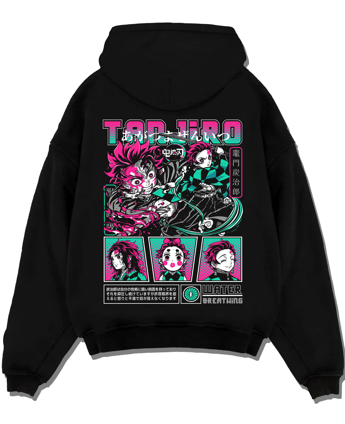 Black hoodie laid flat featuring Tanjiro Kamado Water Breathing collage Demon Slayer artwork.