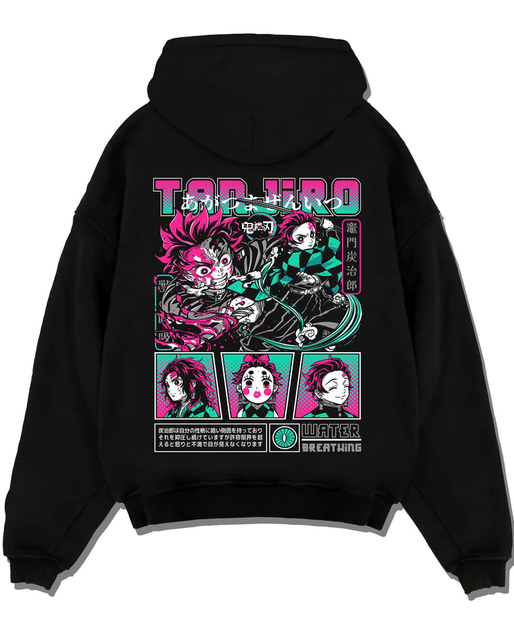 Black hoodie laid flat featuring Tanjiro Kamado Water Breathing collage Demon Slayer artwork.