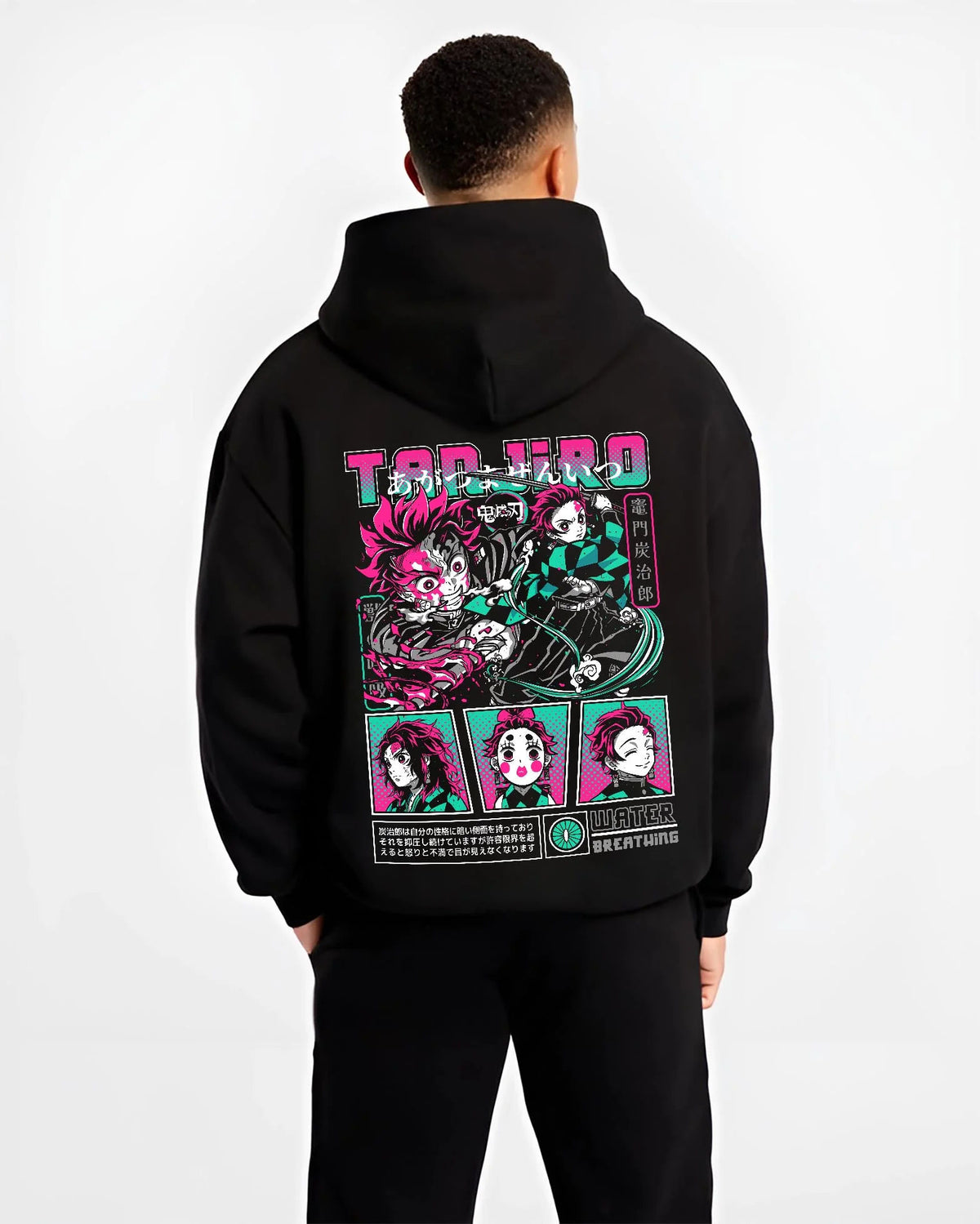 Black hoodie worn by male model from the back featuring Tanjiro Kamado Water Breathing collage Demon Slayer artwork.