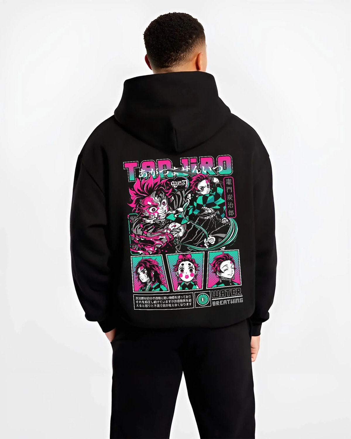 Black hoodie worn by male model from the back featuring Tanjiro Kamado Water Breathing collage Demon Slayer artwork.