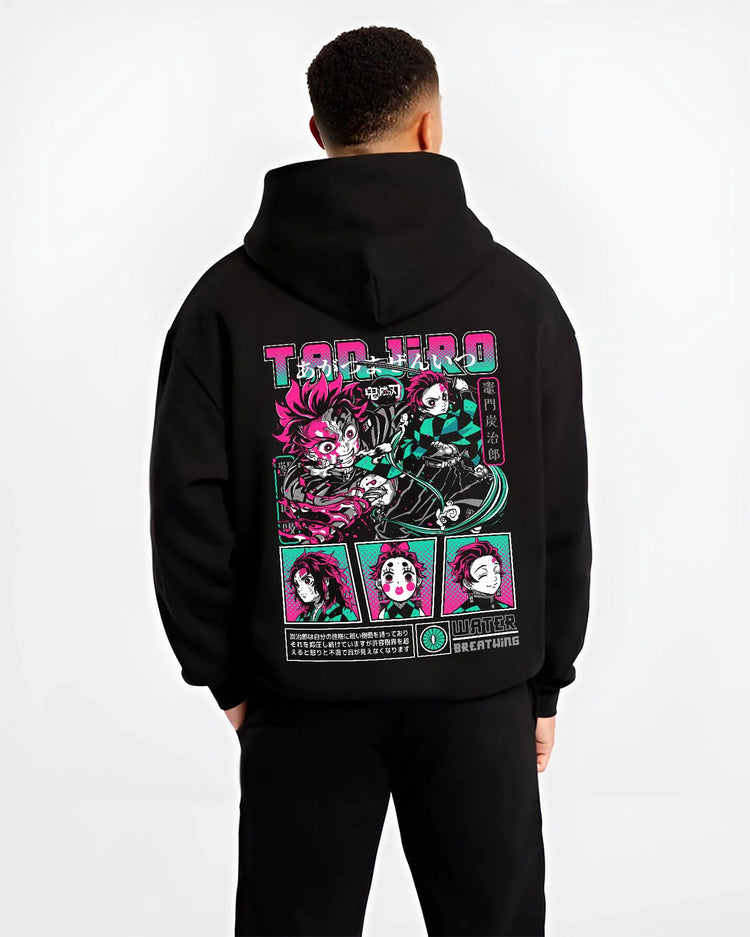 Black hoodie worn by male model from the back featuring Tanjiro Kamado Water Breathing collage Demon Slayer artwork.