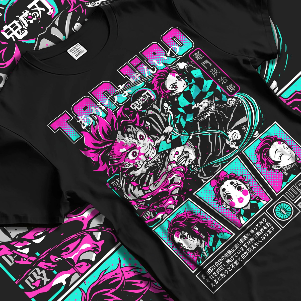 Black T-shirt laid flat with natural folds featuring Tanjiro Kamado Water Breathing collage Demon Slayer artwork.