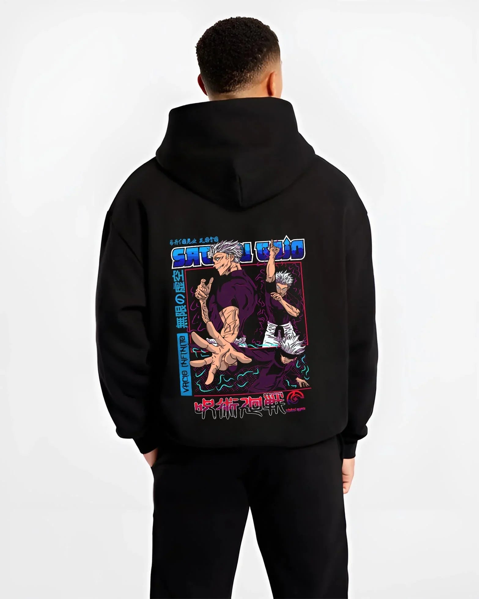 Black hoodie worn by male model, back view with Masamichi Yaga Hoodie Jujutsu Kaisen Principal graphic bold anime graphic.