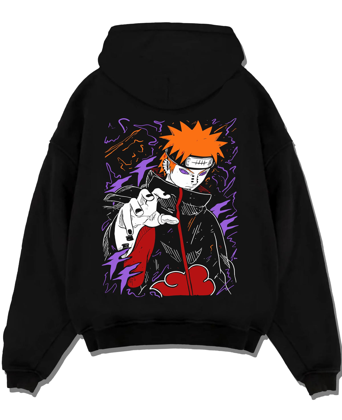 Black hoodie laid flat featuring Pain Yahiko Deva Path Akatsuki Naruto artwork.