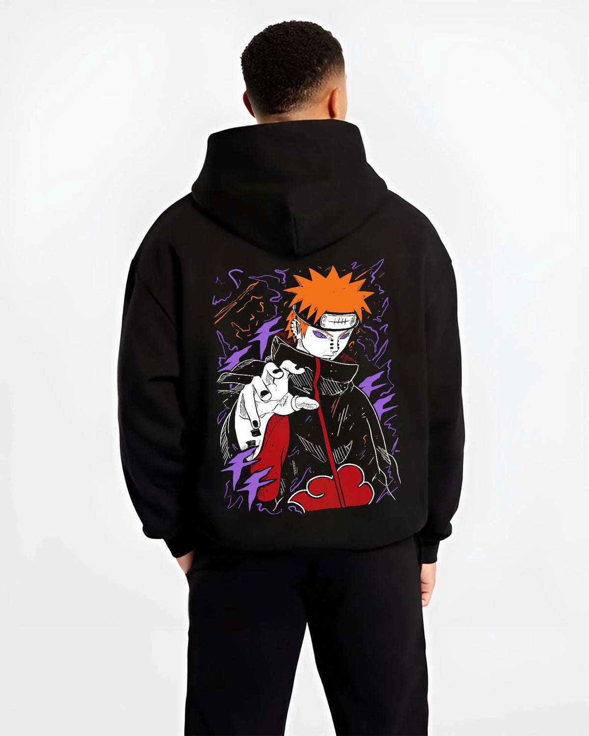 Black hoodie worn by male model from the back featuring Pain Yahiko Deva Path Akatsuki Naruto artwork.