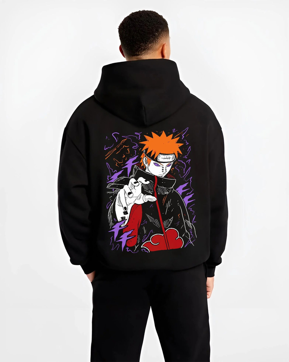 Black hoodie worn by male model from the back featuring Pain Yahiko Deva Path Akatsuki Naruto artwork.