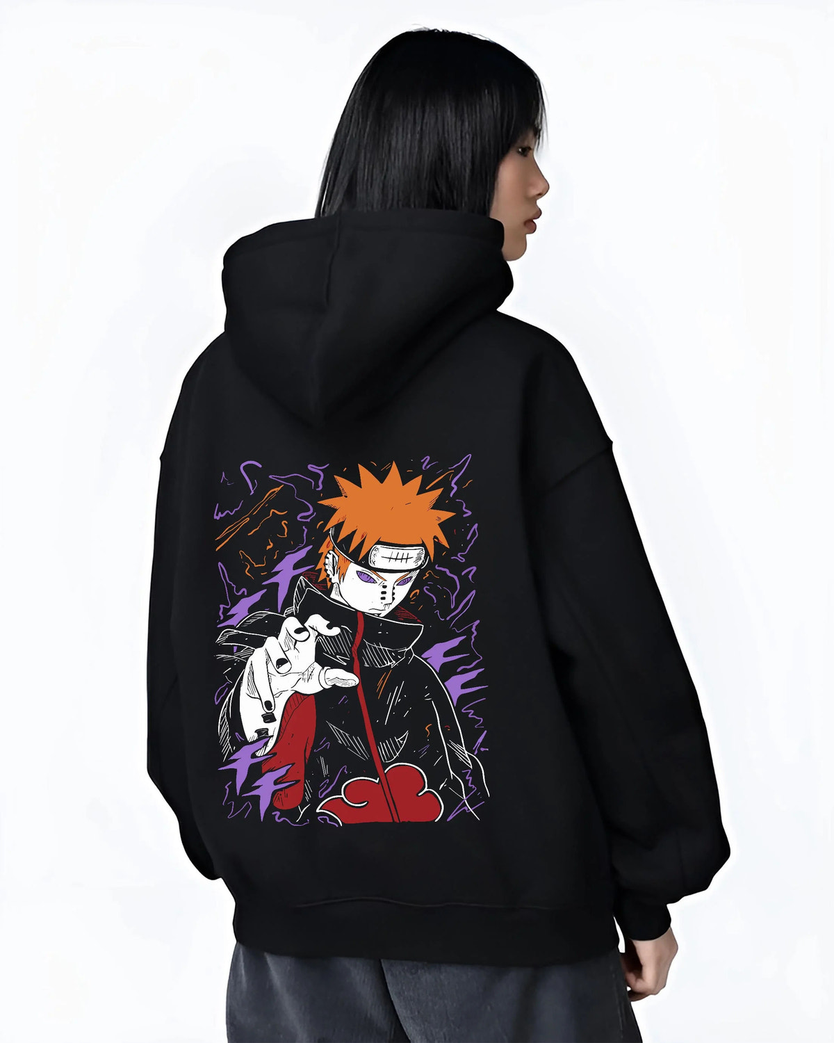 Black hoodie worn by female model from the back featuring Pain Yahiko Deva Path Akatsuki Naruto artwork.