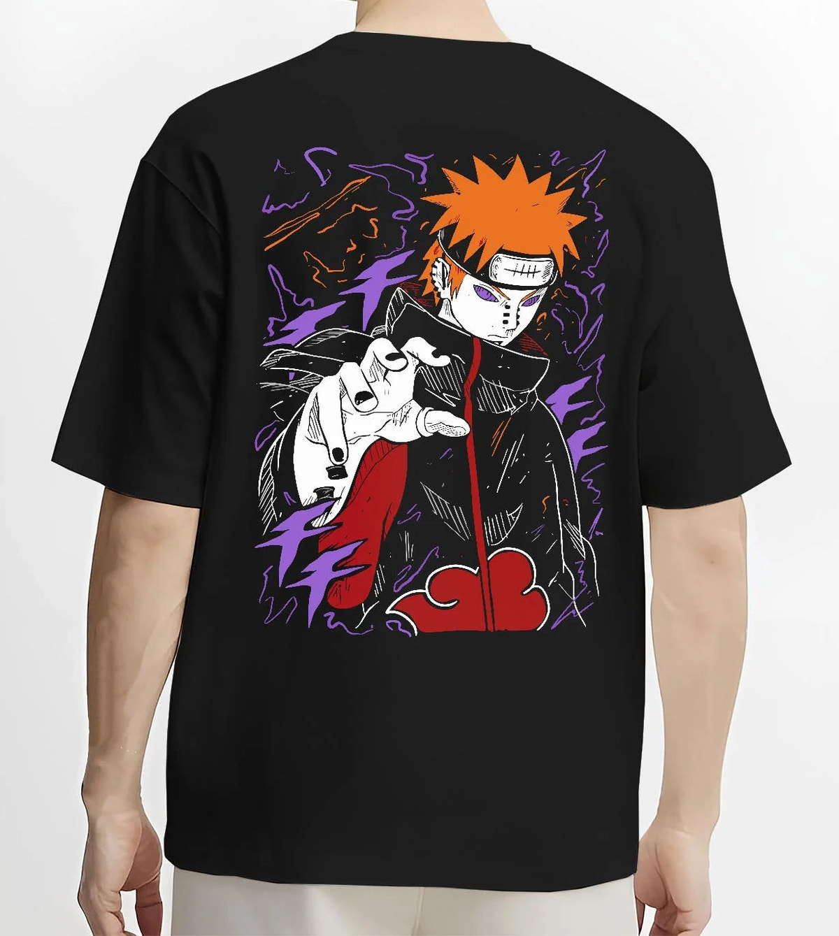 Black T-shirt worn by male model from the back featuring Pain Yahiko Deva Path Akatsuki Naruto artwork.