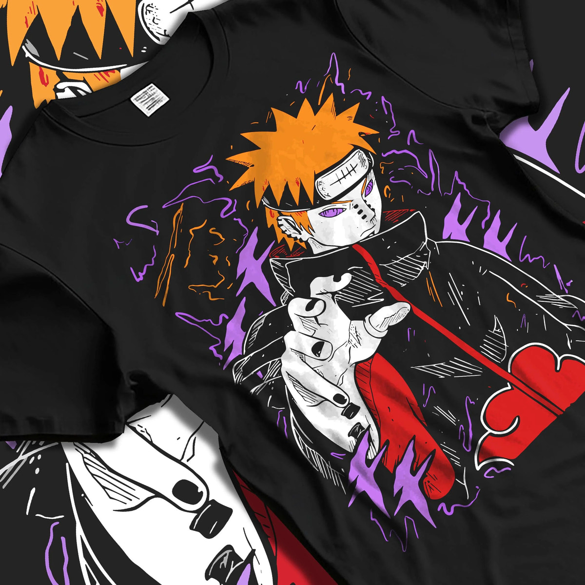 Black T-shirt laid flat with natural folds featuring Pain Yahiko Deva Path Akatsuki Naruto artwork.