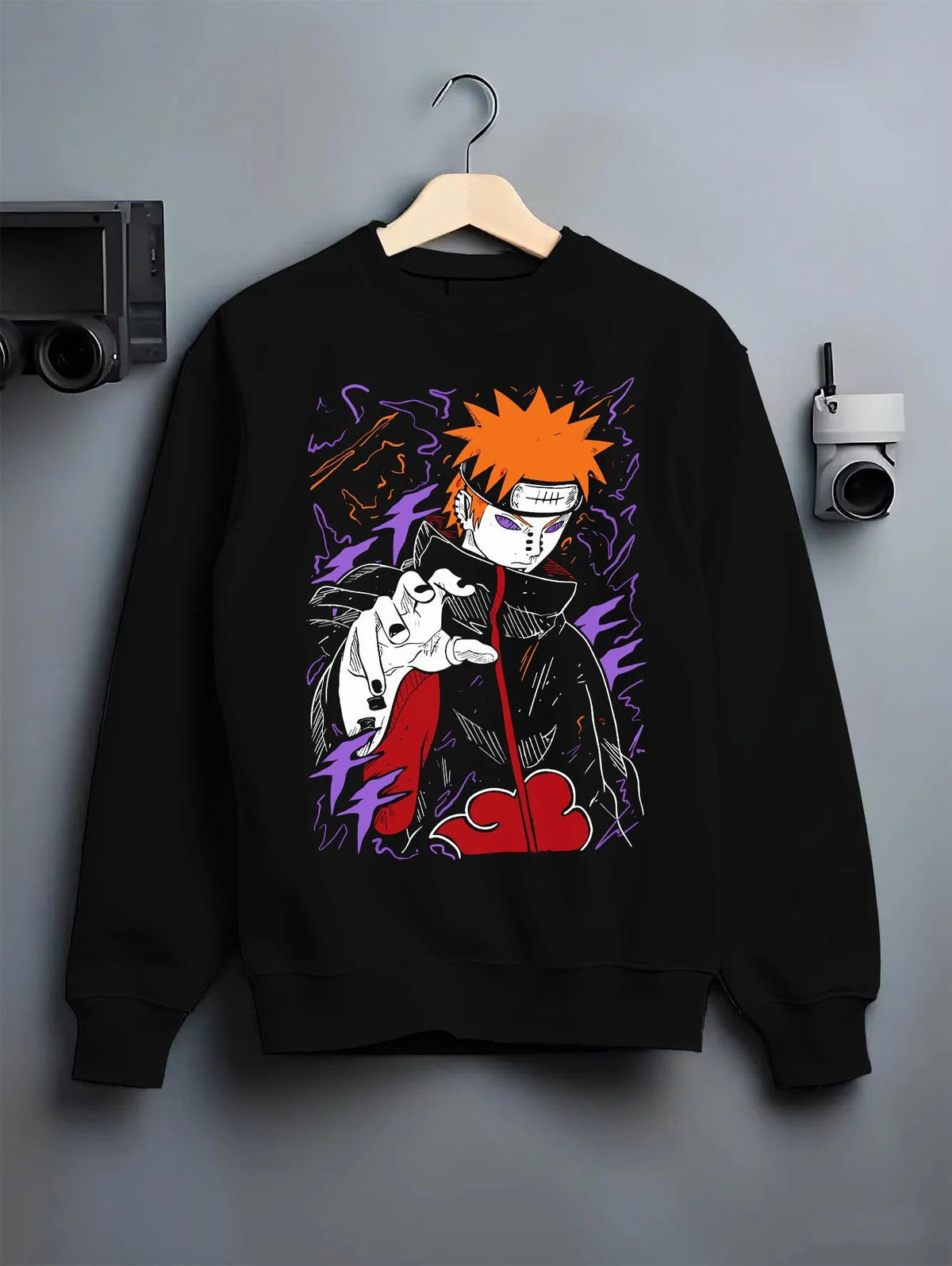 Black crewneck sweatshirt on hanger featuring Pain Yahiko Deva Path Akatsuki Naruto artwork.