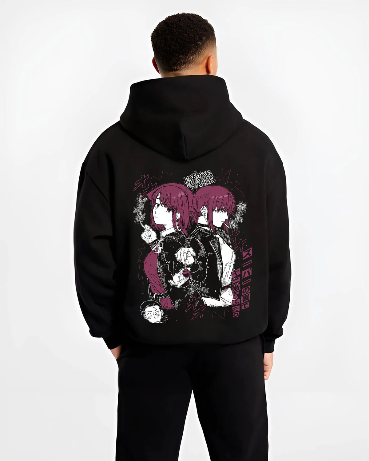 Black hoodie model back view showing Yamada / Tayama from Smoking Behind the Supermarket: Smoking Behind the Supermarket
