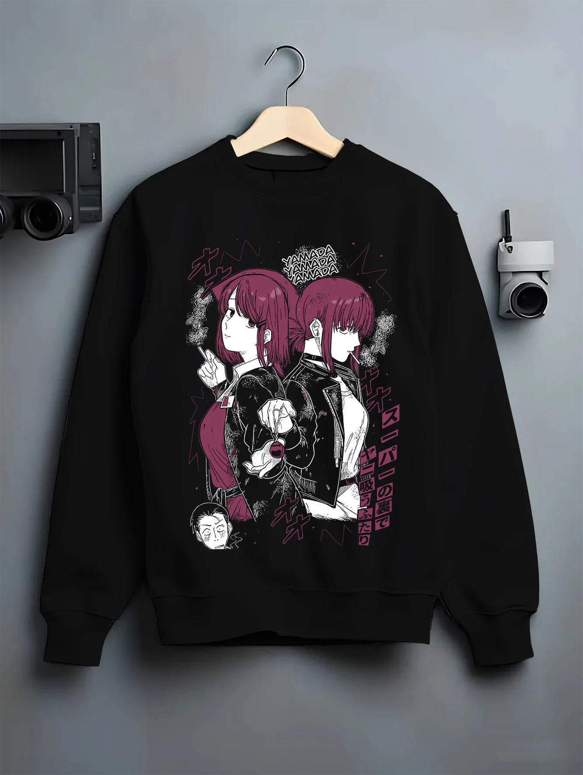 Black crewneck sweatshirt on hanger showing Yamada / Tayama from Smoking Behind the Supermarket: Smoking Behind the