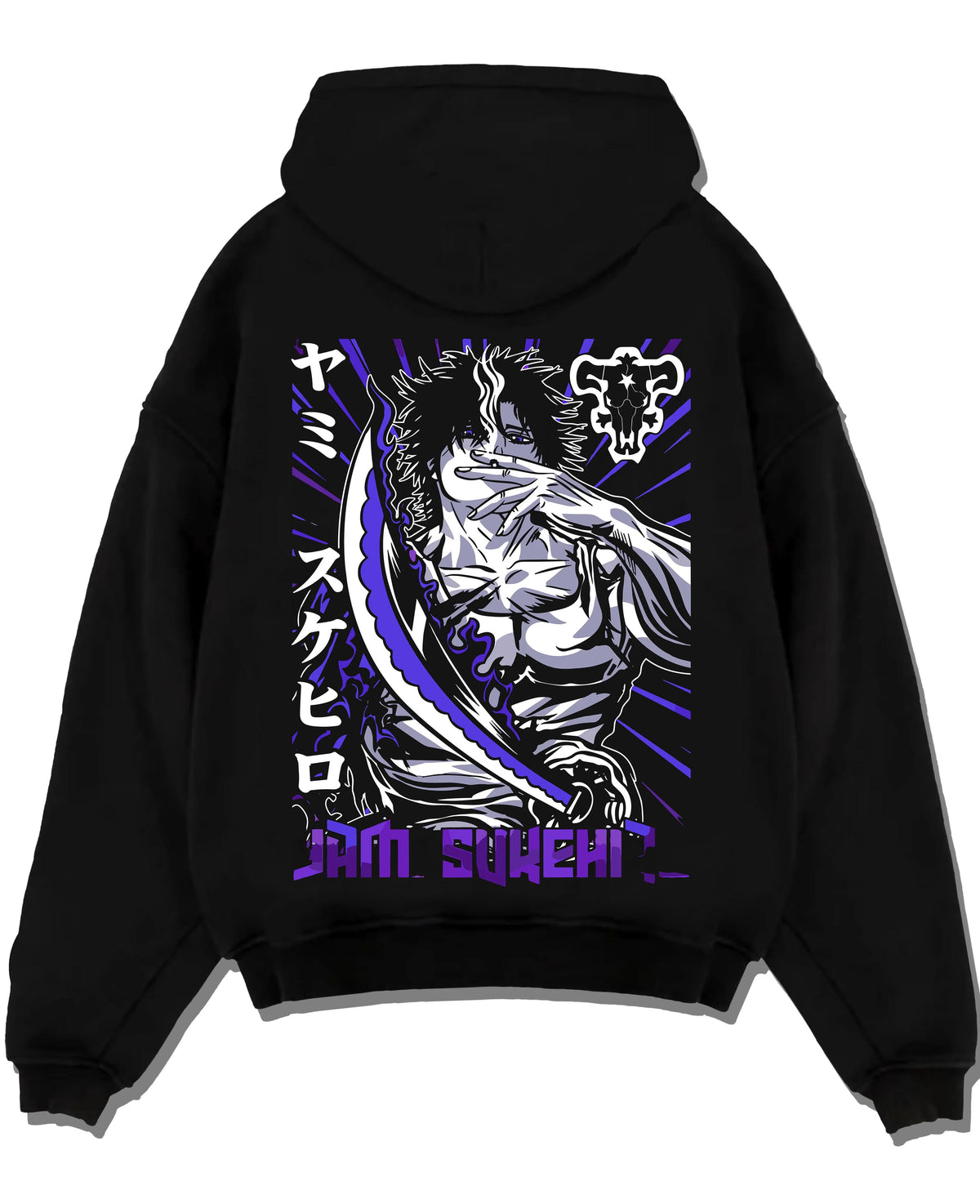 Black hoodie laid flat featuring Yami Sukehiro Dark Magic captain Black Clover artwork.