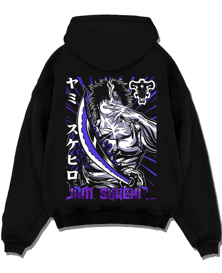Black hoodie laid flat featuring Yami Sukehiro Dark Magic captain Black Clover artwork.