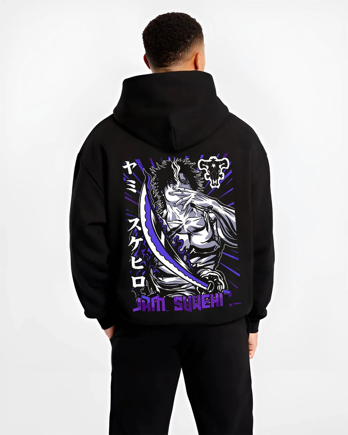 Black hoodie worn by male model from the back featuring Yami Sukehiro Dark Magic captain Black Clover artwork.