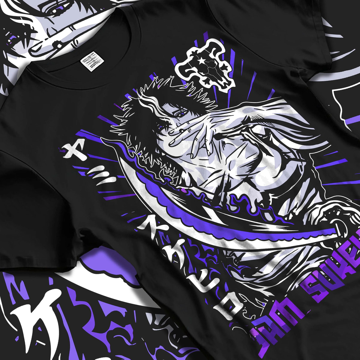 Black T-shirt laid flat with natural folds featuring Yami Sukehiro Dark Magic captain Black Clover artwork.