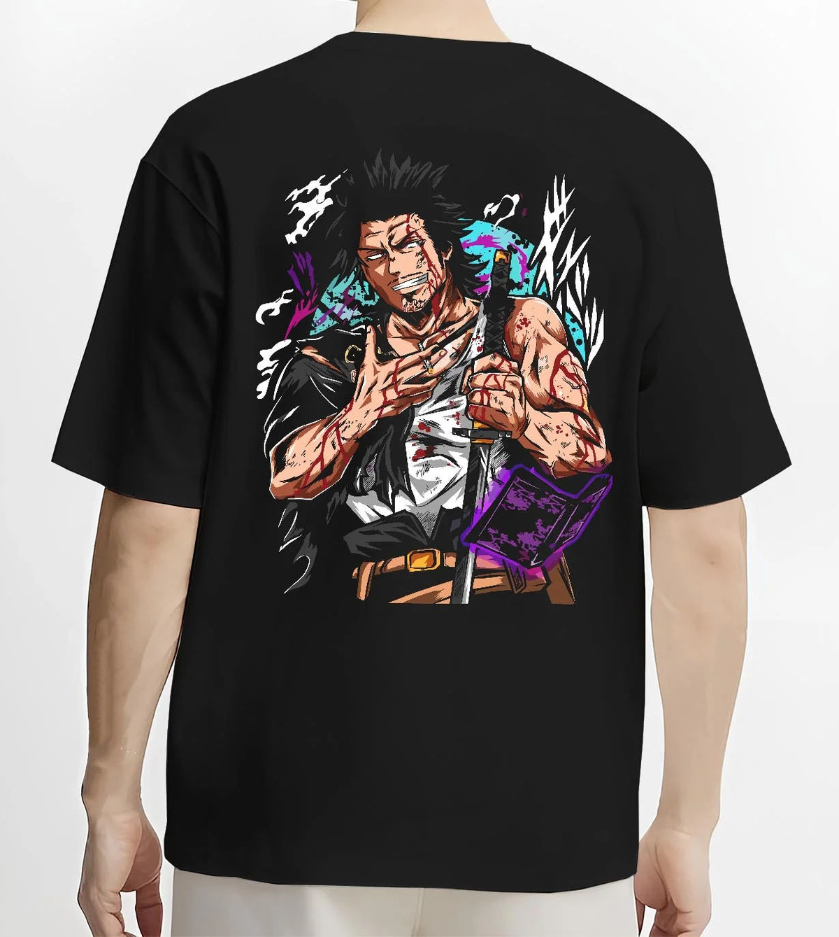 Black T-shirt worn by male model from the back featuring Yami Sukehiro Black Bulls dark power Black Clover artwork.