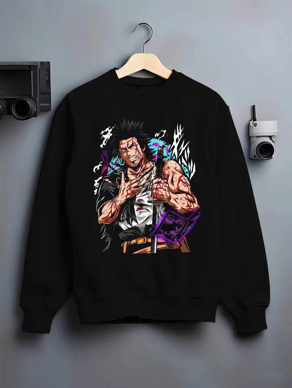 Black crewneck sweatshirt on hanger featuring Yami Sukehiro Black Bulls dark power Black Clover artwork.