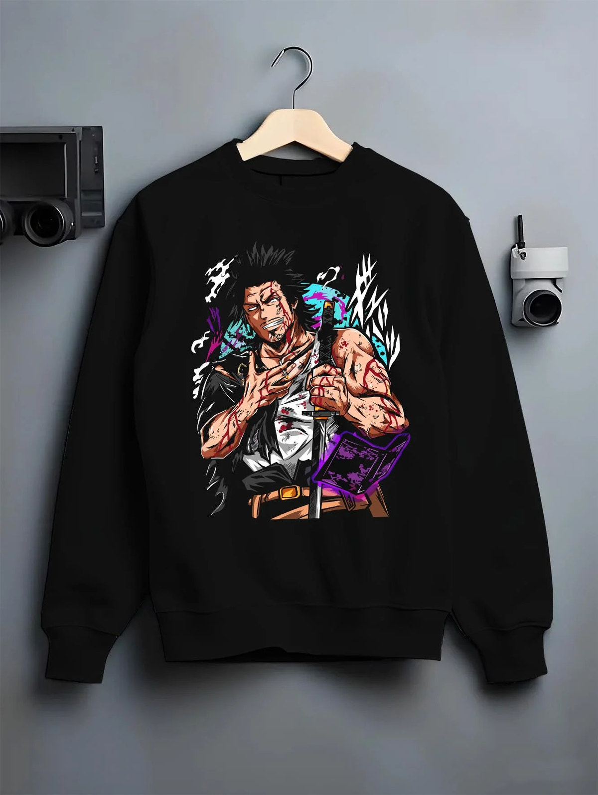 Black crewneck sweatshirt on hanger featuring Yami Sukehiro Black Bulls dark power Black Clover artwork.
