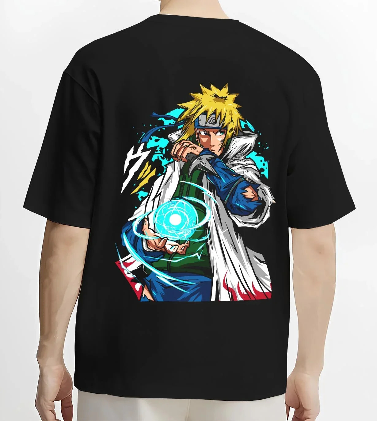 Black T-shirt worn by male model, back view with Minato Namikaze Hoodie Naruto Fourth Hokage Power graphic streetwear graphic.