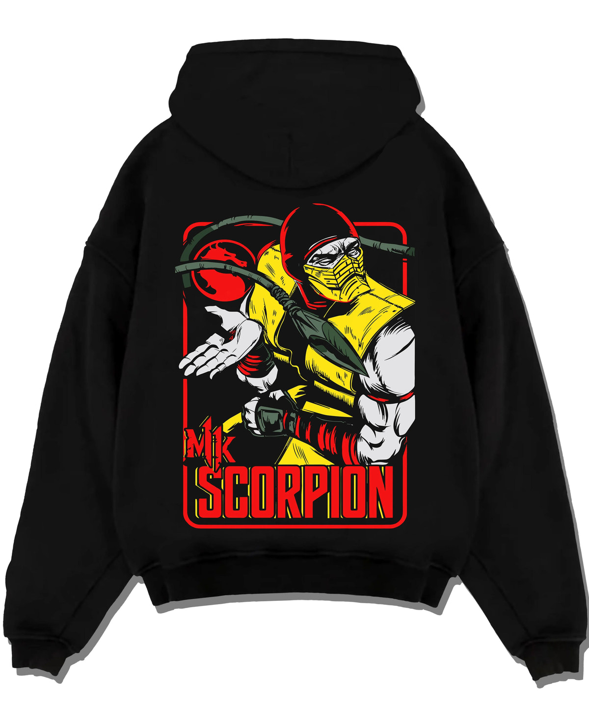 Black hoodie laid flat featuring Scorpion yellow ninja Hellfire Mortal Kombat artwork.