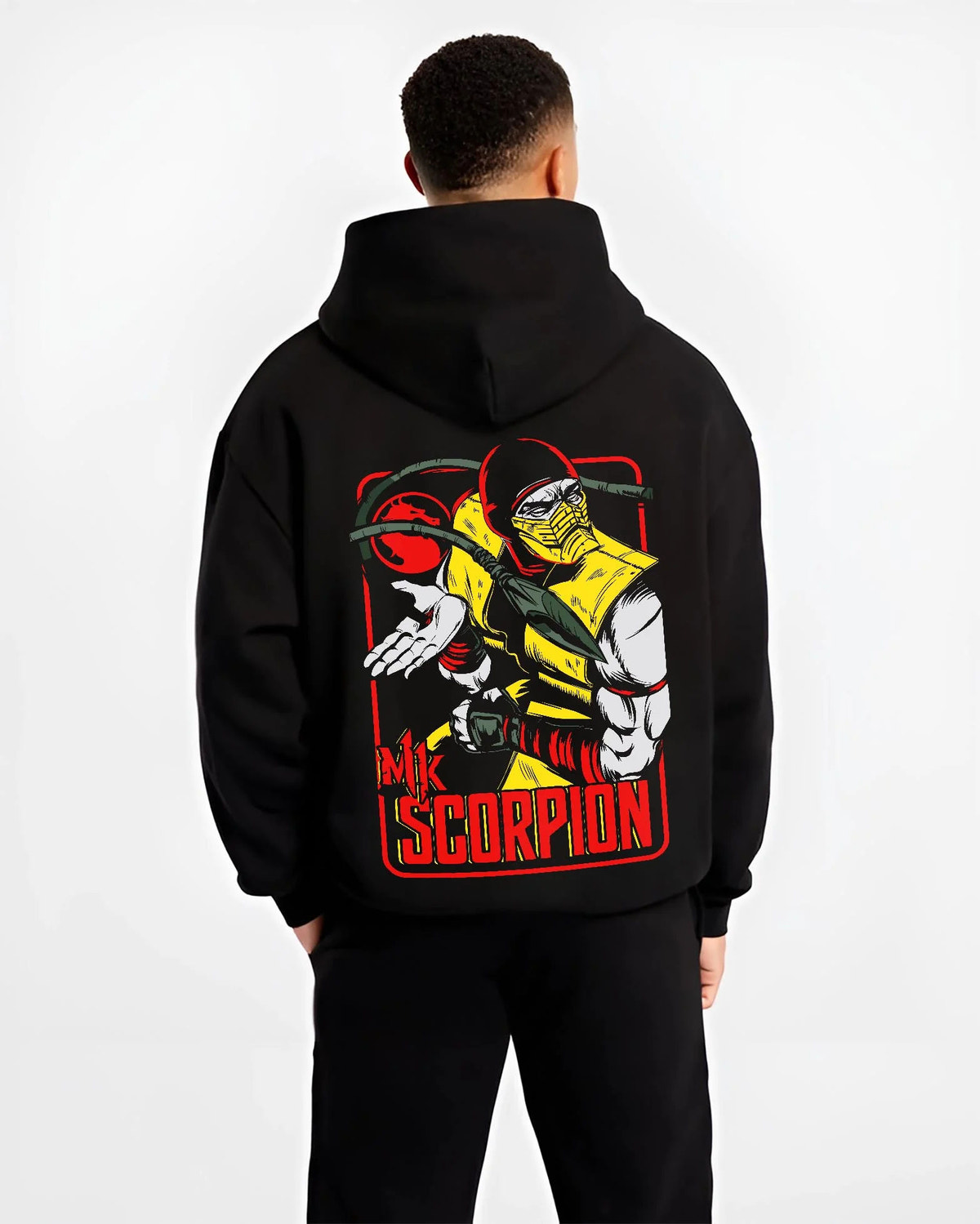 Black hoodie worn by male model from the back featuring Scorpion yellow ninja Hellfire Mortal Kombat artwork.