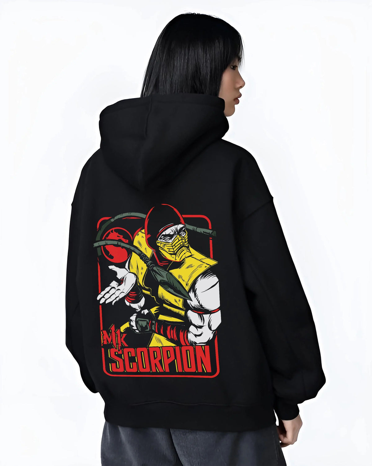 Black hoodie worn by female model from the back featuring Scorpion yellow ninja Hellfire Mortal Kombat artwork.